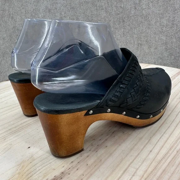 UGG Australia Black Leather Woven Whipstitch Wood Heel Studded Clogs Mules 8 - Picture 6 of 14